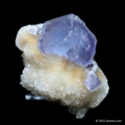 Purple Blue Fluorite Cube on Druzy Quartz from Manaoshan Mine, Hunan, China