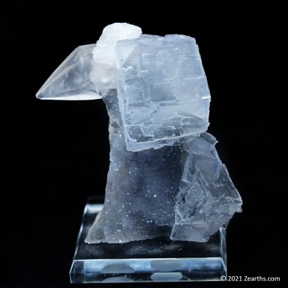 Blue Fluorite Cube and Dogtooth Calcite on Sugar Icing Quartz from Manaoshan Mine, Hunan, China