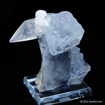 Blue Fluorite Cube and Dogtooth Calcite on Sugar Icing Quartz from Manaoshan Mine, Hunan, China