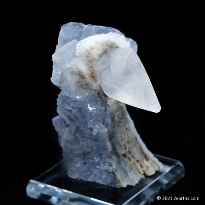 Blue Fluorite Cube and Dogtooth Calcite on Sugar Icing Quartz from Manaoshan Mine, Hunan, China