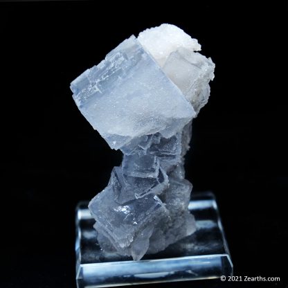 Blue Fluorite Cube and Dogtooth Calcite on Sugar Icing Quartz from Manaoshan Mine, Hunan, China