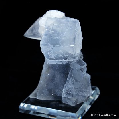 Blue Fluorite Cube and Dogtooth Calcite on Sugar Icing Quartz from Manaoshan Mine, Hunan, China