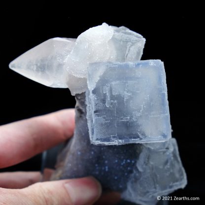 Blue Fluorite Cube and Dogtooth Calcite on Sugar Icing Quartz from Manaoshan Mine, Hunan, China