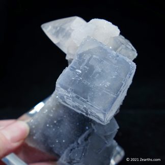 Blue Fluorite Cube and Dogtooth Calcite on Sugar Icing Quartz from Manaoshan Mine, Hunan, China