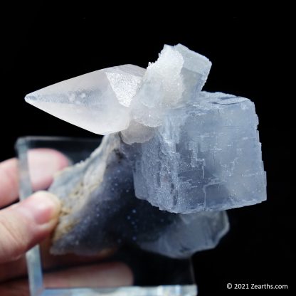 Blue Fluorite Cube and Dogtooth Calcite on Sugar Icing Quartz from Manaoshan Mine, Hunan, China