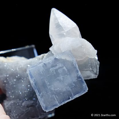 Blue Fluorite Cube and Dogtooth Calcite on Sugar Icing Quartz from Manaoshan Mine, Hunan, China