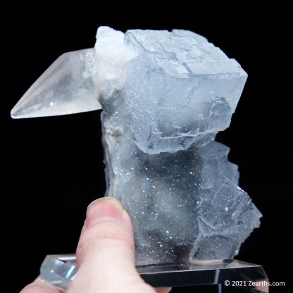 Blue Fluorite Cube and Dogtooth Calcite on Sugar Icing Quartz from Manaoshan Mine, Hunan, China