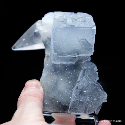 Blue Fluorite Cube and Dogtooth Calcite on Sugar Icing Quartz from Manaoshan Mine, Hunan, China