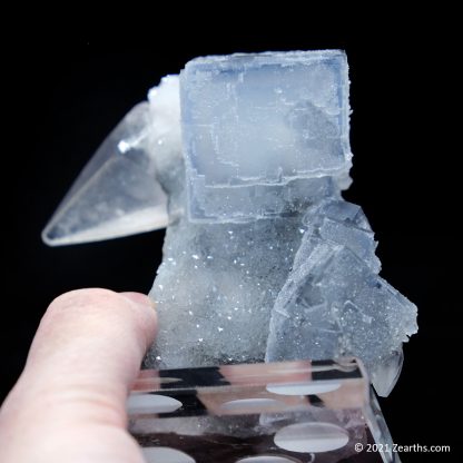 Blue Fluorite Cube and Dogtooth Calcite on Sugar Icing Quartz from Manaoshan Mine, Hunan, China