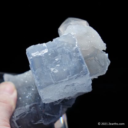 Blue Fluorite Cube and Dogtooth Calcite on Sugar Icing Quartz from Manaoshan Mine, Hunan, China