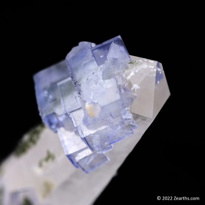 Blue Fluorite Clusters on Quartz Point from Yaogangxian Mine, Hunan, China