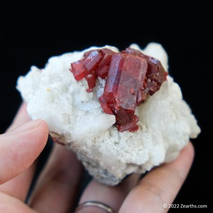 Cluster of Large Red Realgar Crystals on White Calcite from Shimen Mine, Hunan, China