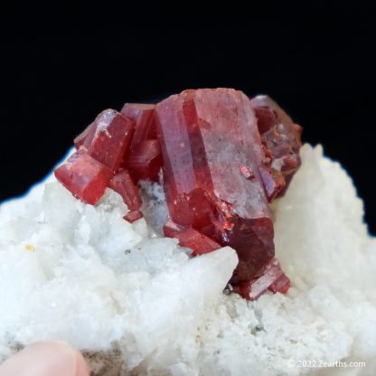 Cluster of Large Red Realgar Crystals on White Calcite from Shimen Mine, Hunan, China