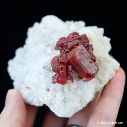 Cluster of Large Red Realgar Crystals on White Calcite from Shimen Mine, Hunan, China