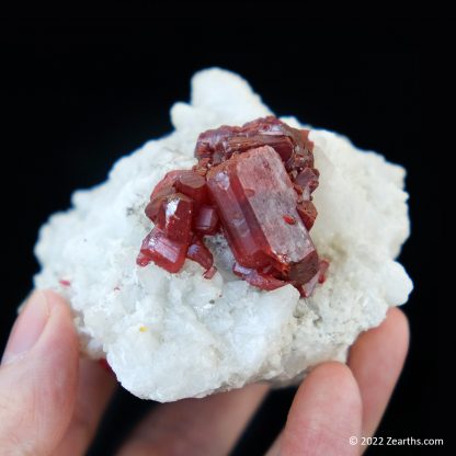 Cluster of Large Red Realgar Crystals on White Calcite from Shimen Mine, Hunan, China