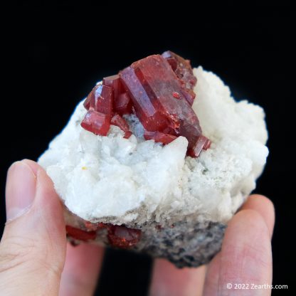 Cluster of Large Red Realgar Crystals on White Calcite from Shimen Mine, Hunan, China