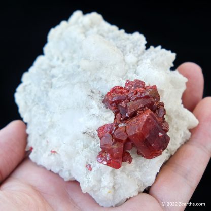 Cluster of Large Red Realgar Crystals on White Calcite from Shimen Mine, Hunan, China