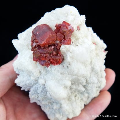 Cluster of Large Red Realgar Crystals on White Calcite from Shimen Mine, Hunan, China