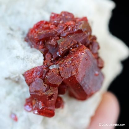 Cluster of Large Red Realgar Crystals on White Calcite from Shimen Mine, Hunan, China