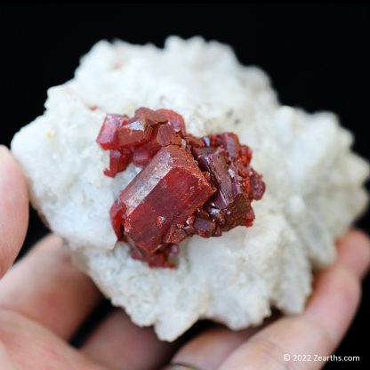 Cluster of Large Red Realgar Crystals on White Calcite from Shimen Mine, Hunan, China