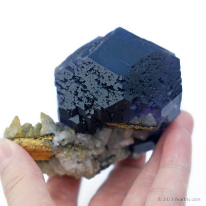 Large "Tanzanite Blue" Dodecahedral Fluorite Crystal with Calcite from Yongchun, Fujian, China