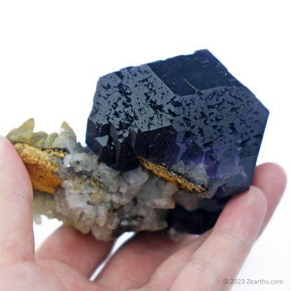 Large "Tanzanite Blue" Dodecahedral Fluorite Crystal with Calcite from Yongchun, Fujian, China