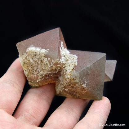 Stack of Three Pink Red Fluorite Crystals with Calcite from Huanggang Mine, Inner Mongolia, China