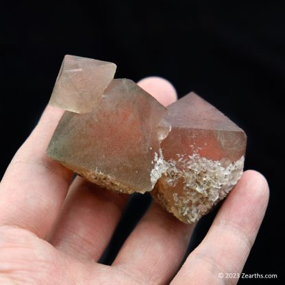 Stack of Three Pink Red Fluorite Crystals with Calcite from Huanggang Mine, Inner Mongolia, China